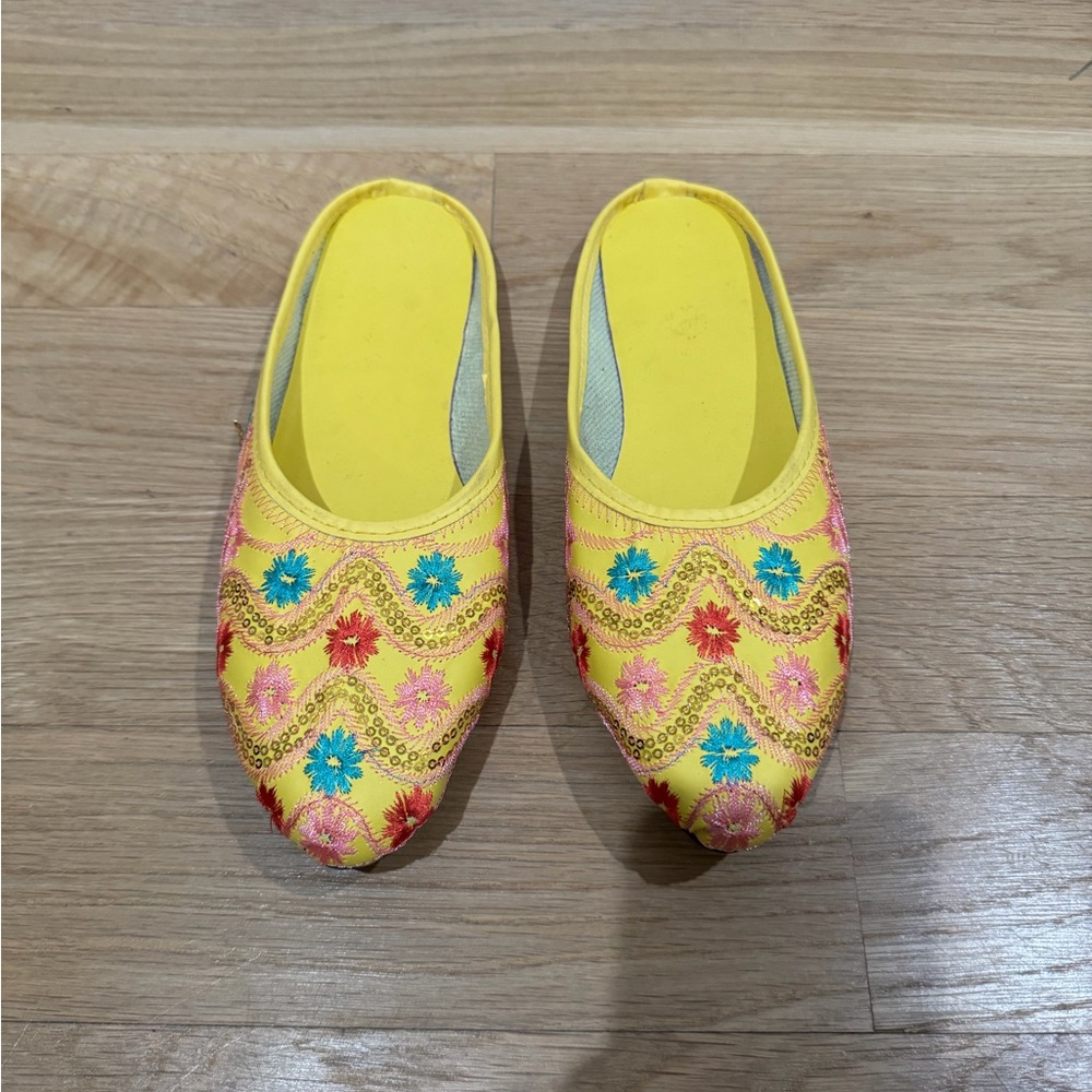 Embroidered Yellow Slip-On Shoes. Made in India